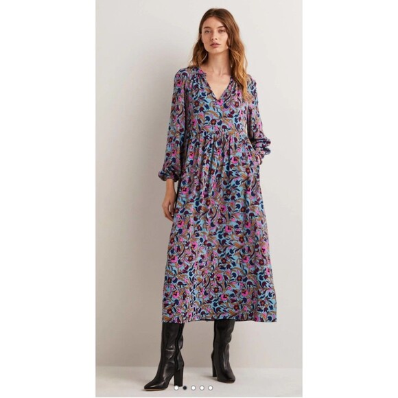 Boden Dress Womens 12R Maxi Tea Long Sleeve Floral Button Pockets Colorful Notch - Picture 1 of 16